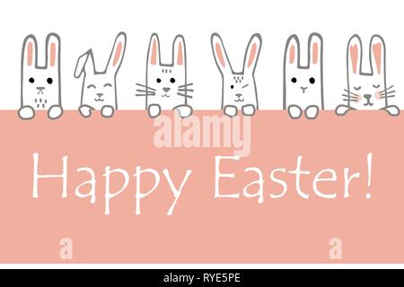 Felice Pasqua banner con bunny volti e zampe. I conigli di frontiera o biglietto di auguri. Vettore. Illustrazione Vettoriale
