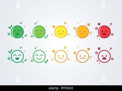 Illustrazione Vettoriale esperienza utente il concetto di feedback diversi mood smiley emoticon icona emoji positivo, neutro e negativo. Illustrazione Vettoriale