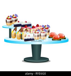 Tavolo da Buffet con dolci isolati su sfondo bianco. Vector cartoon close-up illustrazione. Illustrazione Vettoriale