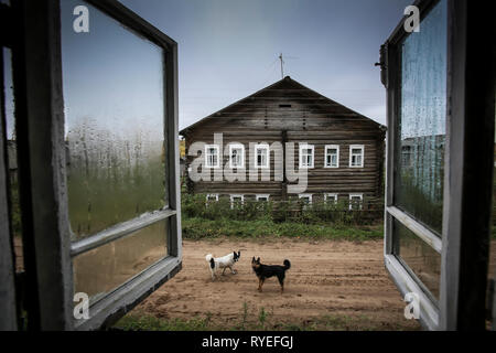 Vista interessante attraverso la pioggia opener finestra sulla strada rurale del villaggio russo di bianco e nero con i cani randagi in pausa per guardare il onloo Foto Stock
