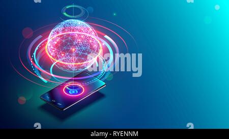 Comunicazioni ad alta velocità con il world wide web da ovunque nel mondo tramite cellulare mobile internet. Ologramma terra consiste di punti luce. Abstract virtual Illustrazione Vettoriale