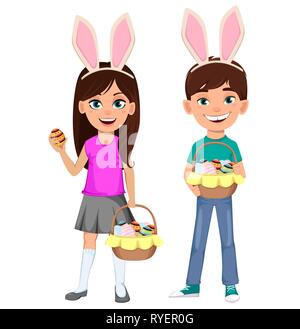 Felice Pasqua. Bambini divertenti personaggi dei cartoni animati che indossa orecchie di coniglietto. Carina ragazza con uovo in mano e allegro ragazzo cestello di contenimento di uova. Vector illu Illustrazione Vettoriale