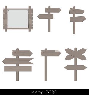 Cartelli di legno, legno freccia vettore segno set. Schermo piatto a colori e design di stile Illustrazione Vettoriale