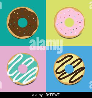 Set di dolci ciambelle vetrata con topping icona vettore sul colore di sfondo Illustrazione Vettoriale