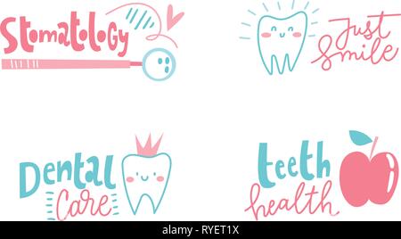 Set di quattro cartoon stomatologia loghi dentale. Illustrazione Vettoriale