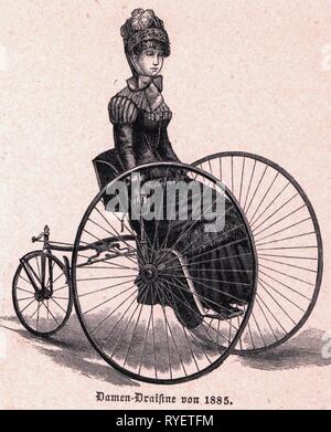 Trasporti / trasporto, biciclette, triciclo, ladies' draisina, incisione su legno, Germania, 1885, Additional-Rights-Clearance-Info-Not-Available Foto Stock