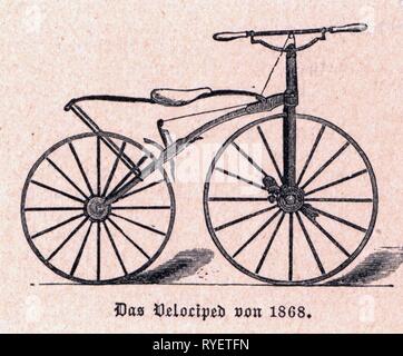 Trasporti / trasporto di biciclette, velocipede, 1868, incisione su legno, 'Die Gartenlaube', 1886, Additional-Rights-Clearance-Info-Not-Available Foto Stock