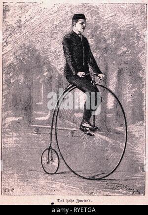 Trasporti / trasporto, biciclette, Penny Farthing, incisione su legno, Germania, 1891, Additional-Rights-Clearance-Info-Not-Available Foto Stock