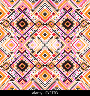 Ornamento ikat mostrando. Tribal design con la Chevron ornamenti. Seamless pattern in stile azteco. Disegnato a mano modello di folklore Foto Stock