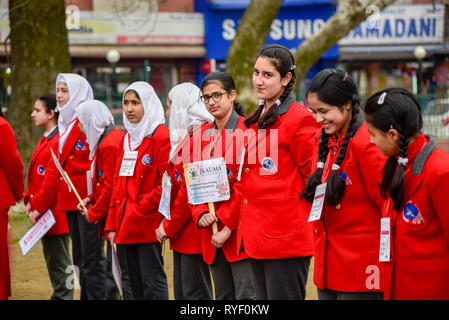 Gli studenti del Kashmir sono visti tenendo cartelloni come essi prendono parte durante un rally marcatura per non fumatori in giorno Srinagar. Non fumare giorno si celebra ogni anno il secondo mercoledì del mese di marzo.