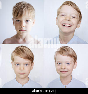 Ragazzo giovane esprimendo emozioni differenti. Diverse espressioni del viso. Foto Stock