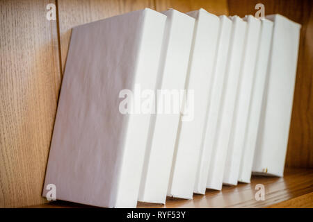 Raccolta di vari blank libri bianchi su sfondo di legno. ciascuno è girato separatamente.vuoto catalogo, rivista, libro modello con le ombre morbide Foto Stock