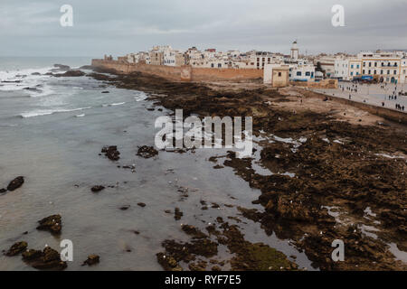 Vista sul tetto del waterfront e delle antiche mura della città di Essaouira, Marocco con gabbiani che ne adornano le alghe rocce coperte con la bassa marea Foto Stock