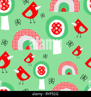 Carino uccelli alberi e rainbow seamless pattern per bambini. Collage stile sfondo infantile per bambini in rosso verde e bianco. Utilizzare per tessuto, kids Foto Stock