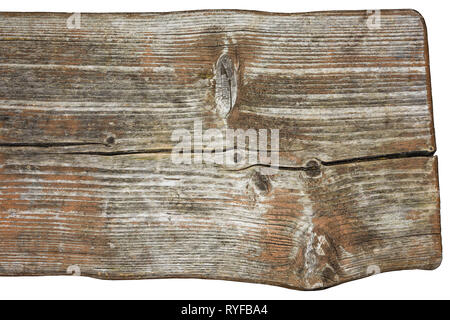 Dettaglio del banco. Vecchio legno stagionato. Patina. Vintage decorativo doga con crepe, nodi e grana grana di legno. Close-up di disuniformità di colore marrone scheda sbiadito. Foto Stock