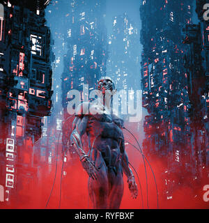 Eredità di carbonio / 3D illustrazione di fantascienza maschio cyborg umanoide perso nel futuristico illuminate al neon cyberpunk city Foto Stock