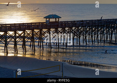 Stagliano pier con soccer net in primo piano sulla follia Beach, Carolina del Sud a sunrise come uccelli di mare ruota intorno il cielo Foto Stock