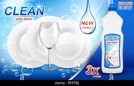 Lavastoviglie prodotto liquido ad. Realistico per il lavaggio di stoviglie pacchetto template design. Lavare il sapone bottiglia di marca con piatti puliti poster. 3d illustrazione vettoriale Illustrazione Vettoriale