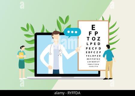 Oculista consultationt con il medico e il paziente con il tipo di bordo su uno schermo del notebook - illustrazione vettoriale Foto Stock
