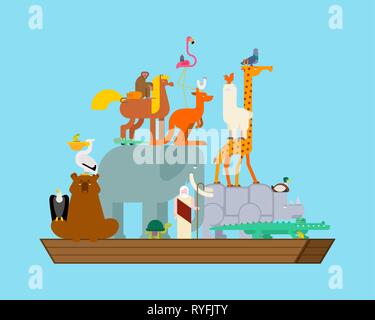Arca di Noè e gli animali. Coppie di bestie. Salvataggio dall alluvione. Grande nave antica dalla Bibbia. Imbarcazione biblica Illustrazione Vettoriale