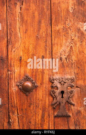 Close-up di una vecchia porta di legno con una manopola e una serratura in ottone a forma di due galli Foto Stock