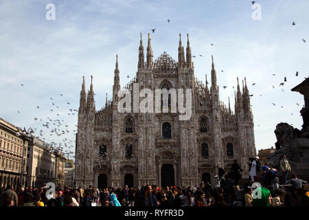 Stormo di piccioni volare sopra il duomo di Milano - Duomo di Milano - Milano, Lombardia, Italia Foto Stock