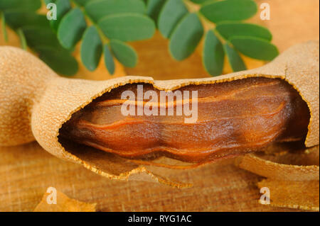 Mature cialde di tamarindo con foglie su sfondo di legno Foto Stock
