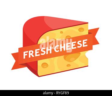 Logotipo per formaggio Shop - triangolo pezzo di un formaggio fresco con nastro e didascalia. Illustrazione Vettoriale
