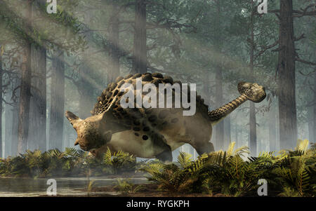 Ankylosaurus, uno dei più famosi dinosauri, era un Cretaceo era ornithischian erbivoro. Le corazzate dino sorge in una foresta di abeti Foto Stock