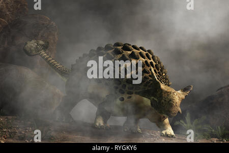 Ankylosaurus, uno dei più famosi dinosauri, era un Cretaceo era ornithischian erbivoro. Le corazzate dino emerge da una fitta nebbia. Foto Stock