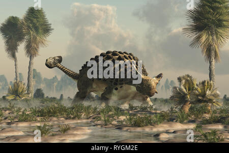 Ankylosaurus, uno dei più famosi dinosauri, era un Cretaceo era ornithischian erbivoro. Le corazzate dino sorge in una pianura acquosi. Foto Stock