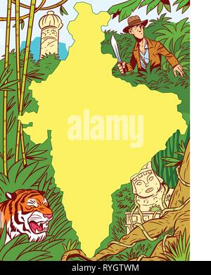 La figura mostra il continente africano in mezzo alla giungla, antiche rovine, animali predatori e un uomo bianco con un machete. Illustrazione fatta con Illustrazione Vettoriale