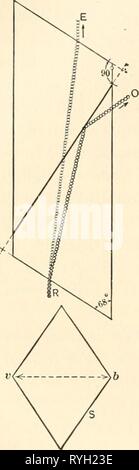 Chimici elementari elementarychemi microscopia00cham Anno: 1921 52 elementari microscopia chimica di un prisma di nicol è costituito da un lungo rombo di calcitc lunghezza taglio- saggio in un piano obliquo che formano angoli di novanta gradi con le facce superiore ed inferiore dei rombi e cementati insieme nuovamente con balsamo del Canada, vedere Fig. 22. Se un raggio di luce R entra ad un prisma è polarizzato, essere risolta in due componenti vibranti raggi ad angoli retti rispetto all'altra. Uno di questi raggi O, noto come il raggio ordinario viene deviato leggermente di più rispetto agli altri e colpisce il balsamo di cemento ad un angolo tale da Foto Stock