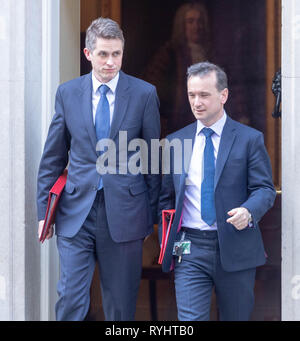 Londra, Regno Unito. Il 14 marzo 2019, Gavin Williamson, MP PC, il Segretario della Difesa (sinistra) e Alun Cairns, Segretario gallese lascia una riunione del gabinetto a 10 Downing Street, Londra, Regno Unito. Credito: Ian Davidson/Alamy Live News Foto Stock