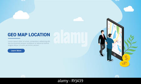 Sito web design landing page ui per un uomo persone accesso wireless geo mappe geografiche posizione sullo smartphone le app di navigazione mobile con stile isometrico Foto Stock