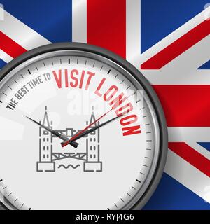 Il periodo migliore per visitare Londra. Vettore di bianco orologio con slogan motivazionali. Analogico orologio in metallo con vetro. Illustrazione Vettoriale sulla bandiera britannica Illustrazione Vettoriale