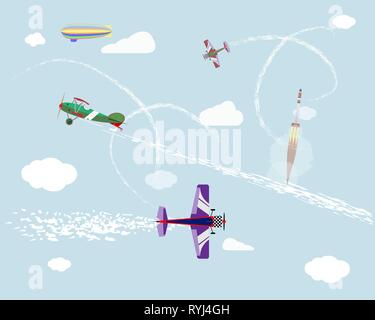 Airshow. Volo di aeromobili e dirigibile nel cielo. Lancio del razzo. La grafica vettoriale. Illustrazione Vettoriale