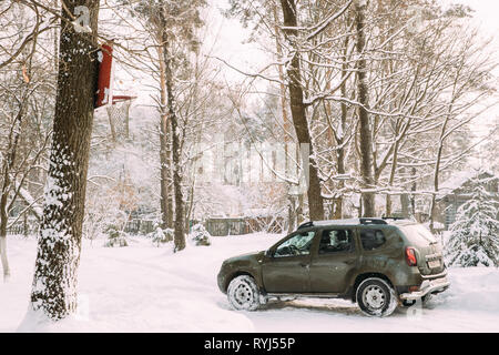Gomel, Bielorussia - Gennaio 10, 2019: Renault Duster o Dacia Duster Suv parcheggiato in boschi innevati. Duster prodotta congiuntamente dal costruttore francese Renault un Foto Stock