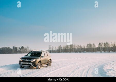 Gomel, Bielorussia - Gennaio 10, 2019: auto Renault Duster o Dacia Duster Suv parcheggiato su inverno campo innevato paesaggio di campagna. Foto Stock