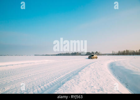 Gomel, Bielorussia - Gennaio 10, 2019: auto Renault Duster o Dacia Duster Suv parcheggiato su inverno campo innevato paesaggio di campagna. Foto Stock