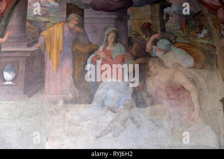 La nascita di Gesù, affresco di Giovanni Maria Balducci nel chiostro di Santa Maria Novella principale chiesa domenicana di Firenze, Italia Foto Stock