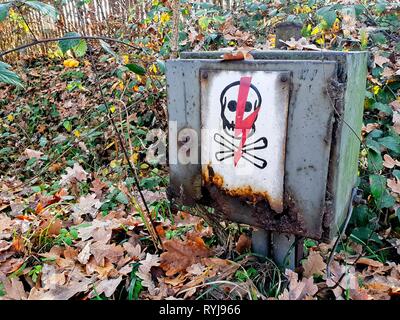 Outdoor vecchia scatola elettrica con simbolo di alta tensione in foglie - nessuna iscrizione Foto Stock