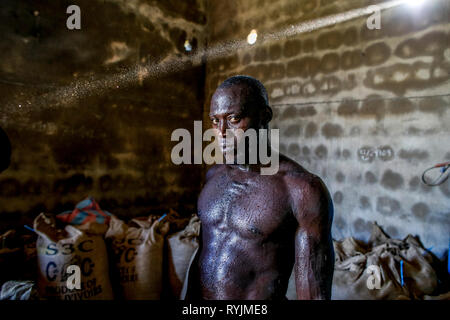 Lavoratore di cacao in Agboville, Costa d'Avorio. Foto Stock
