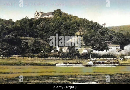 Elba in Sassonia, Austria (nave, 1893), Schloss Scharfenberg, 1911, Landkreis Meißen, Scharfenberg, Schloß mit Elba und Dampfer Austria, Germania Foto Stock