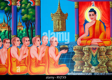 La vita del Buddha, Siddharta Gautama. Il Buddha con discepoli insegnando. Soc Po Lok tempio buddista. Chau Doc. Il Vietnam. Foto Stock