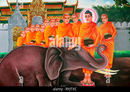 La vita del Buddha, Siddharta Gautama. Addomesticare un elefante con amorevole gentilezza - Nalagiri era il Royal Elephant Soc Po Lok tempio buddista. Cha Foto Stock