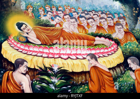 Buddha reclinato pittura. Dopo 45 anni di insegnamento il Dharma, il Buddha passati nel parinirvana. La vita del Buddha, Siddharta Gautama. Cha Foto Stock