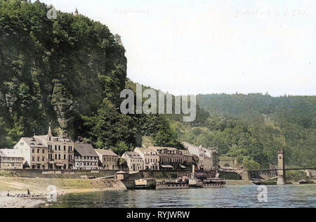 Pastýřská stěna, Imperatrice Elisabeth Bridge in Děčín, edifici in Děčín, piroscafi sull'Elba in Boemia, Elbe in Děčín, 1911, Ústí nad Labem Regione, Bodenbach, Schäferwand, Repubblica Ceca Foto Stock