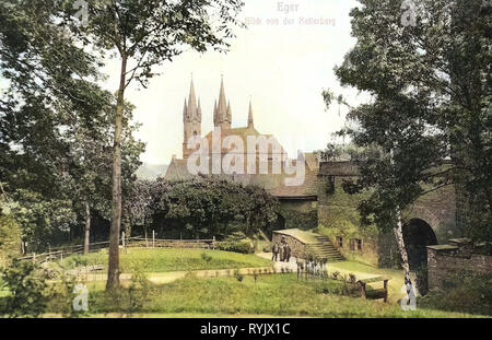 Edifici di Cheb, Chiesa di San Nicola (Cheb), la storia del castello di Cheb, Castello cancelli in Repubblica ceca, 1911, Regione di Karlovy Vary, Eger, Blick von der Kaiserburg Foto Stock