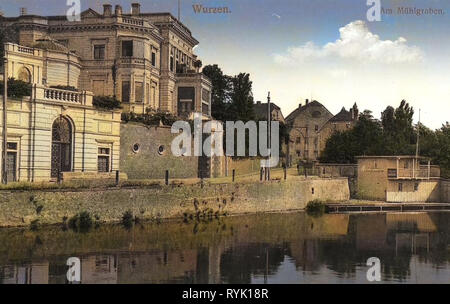 Edifici di Wurzen, i fiumi della Sassonia, 1913, Landkreis Leipzig, Wurzen, Am Mühlgraben, Germania Foto Stock